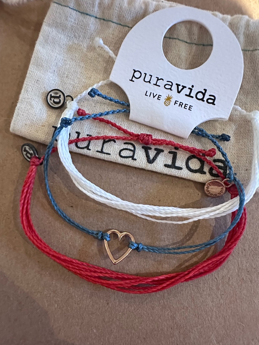 PURA VIDA 3 Piece American Love Heart Red, White & Blue Bracelet Set NEW!🇺🇸 💙